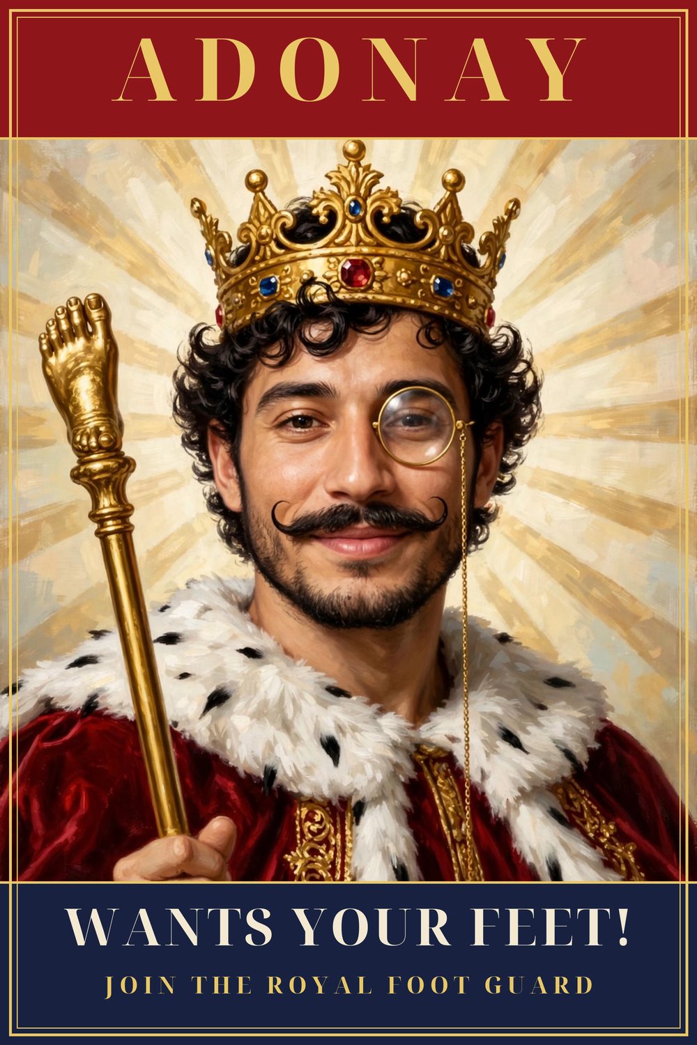Poster tar-reklutaġġ — Adonay bħala Re tar-Royal Foot Guard, xettru tad-deheb tas-sieq imqajjem: Irid Saqajk!
