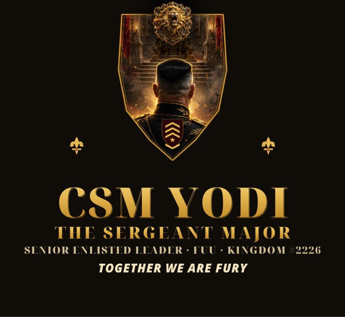 Tribù lil CSM Yodi — is-Sergeant Major minn wara, quddiem it-tron ta' FURY