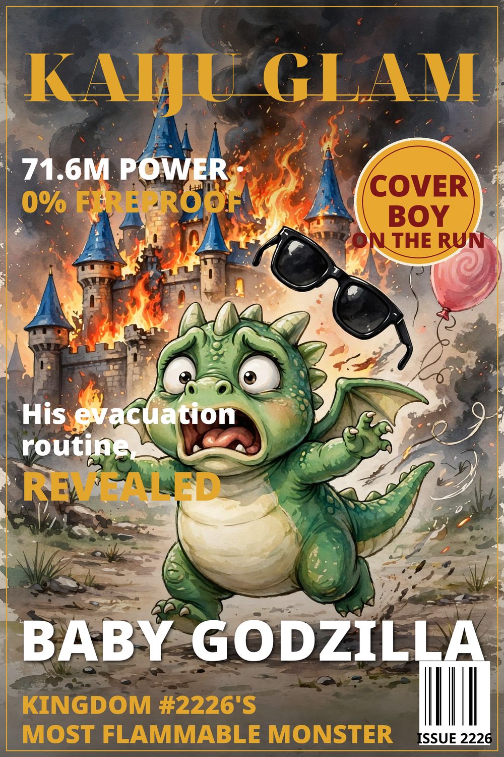 Qoxra tar-rivista Kaiju Glam — Baby Godzilla jaħrab mill-kastell tiegħu jaqbad, Cover Boy fil-Ħarba